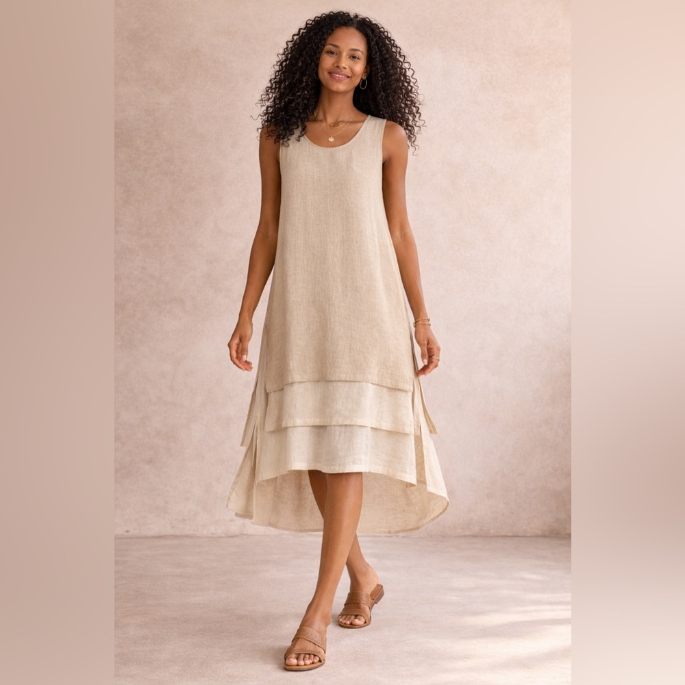 Kaliyana Artwear Linen Lagenlook Layered Midi Dress Neutral Size M/L Boho Hippie